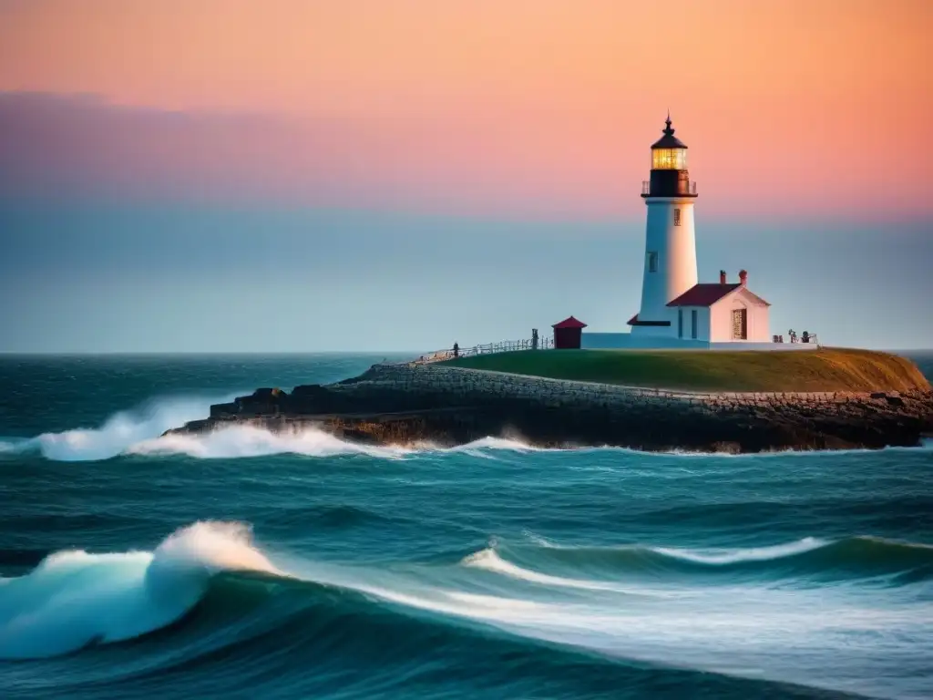 Un faro histórico iluminando el ocaso sobre el mar, evocando la conexión entre pasado y presente