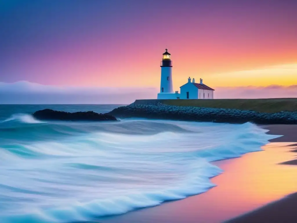 Un faro histórico de los Sitios Patrimonio Marítimo UNESCO, en un atardecer sereno y colorido