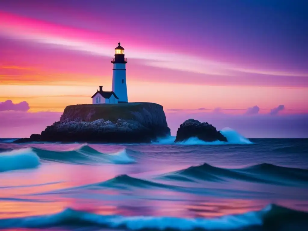 Un faro imponente se yergue frente a un vibrante atardecer sobre el mar, transmitiendo serenidad y aventuras oceánicas