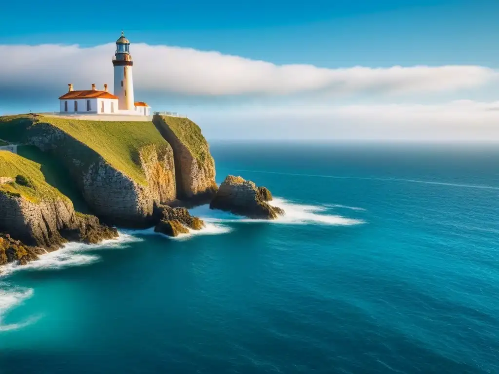 Un faro majestuoso en un acantilado del mar Cantábrico, reflejando la serenidad de los cruceros por el mar Cantábrico