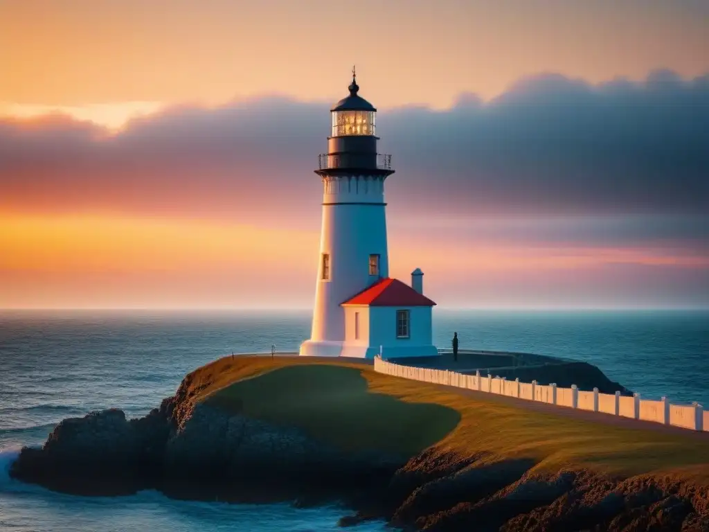 Un faro majestuoso se alza contra un cielo vibrante al atardecer, proyectando una larga sombra sobre el mar sereno