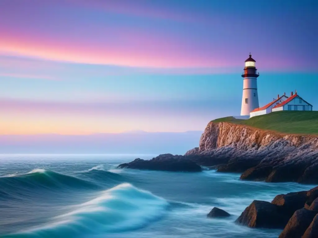 Un faro majestuoso destaca en un paisaje costero al atardecer, con un mar tranquilo y veleros en el horizonte