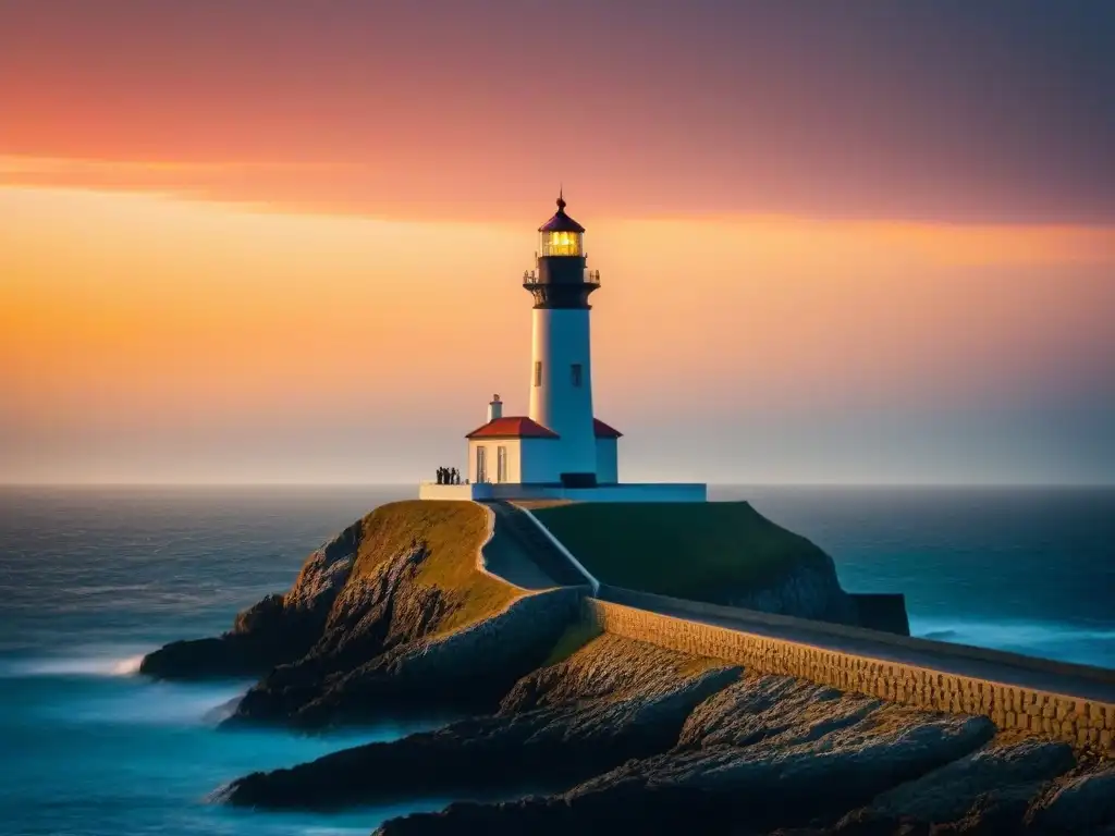 Un faro majestuoso se yergue contra un vibrante atardecer marino, destacando su arquitectura detallada