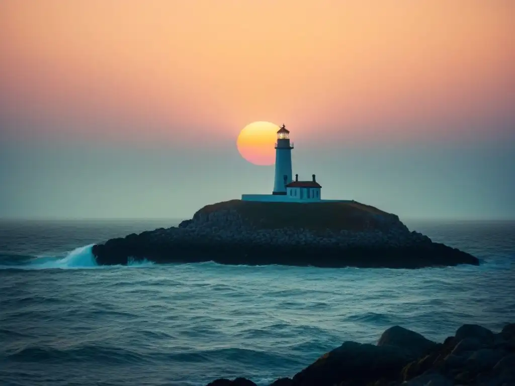 Un faro marítimo solitario iluminando un océano sereno al atardecer, representa historia y función