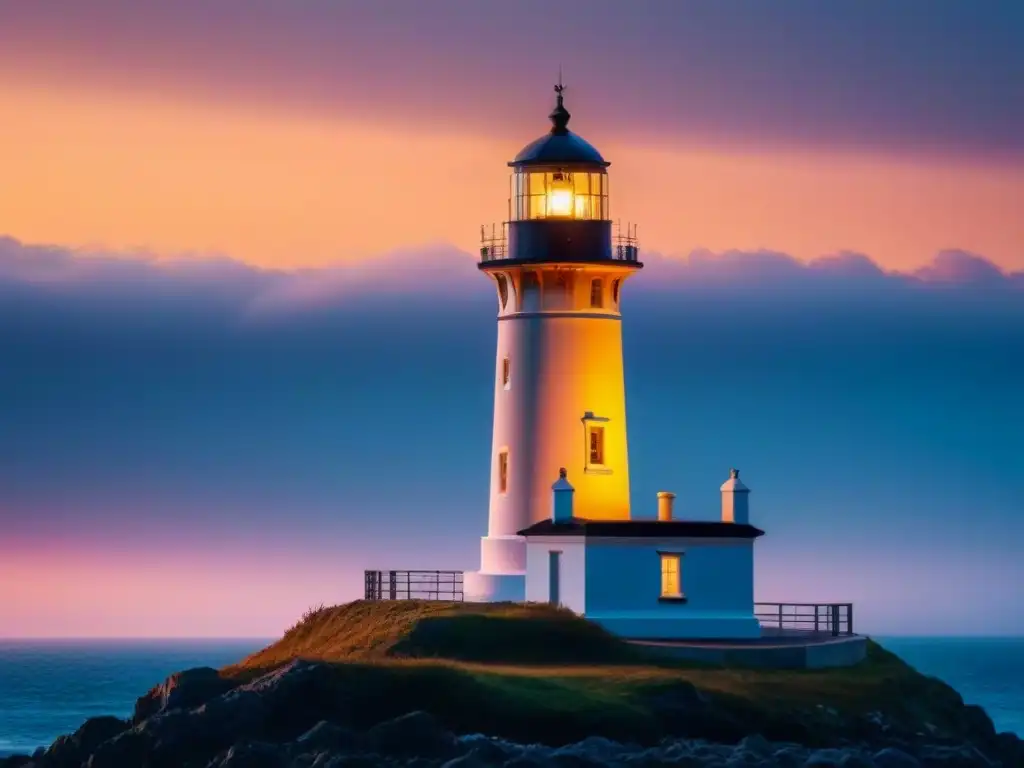 Un faro moderno y minimalista se alza contra un atardecer vibrante en el horizonte, simbolizando guía y seguridad para los barcos en el mar