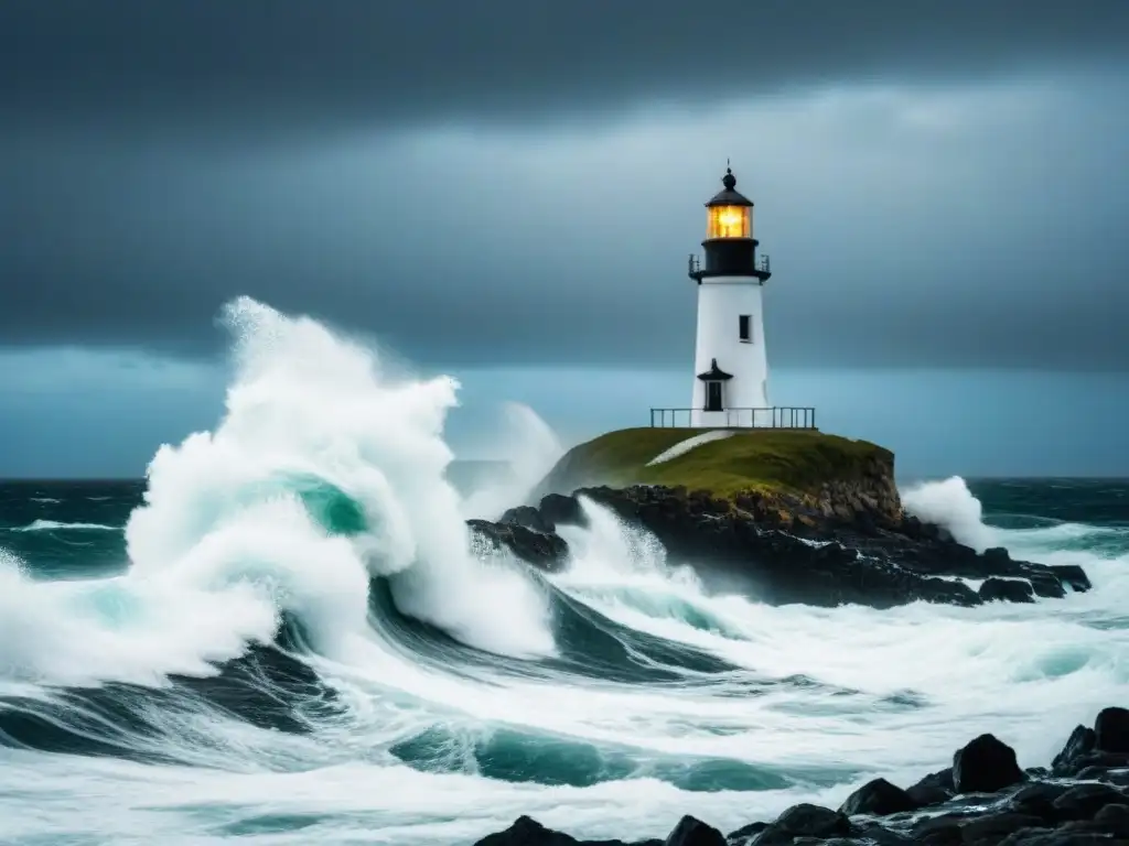 Un faro resistente contra olas en tormenta, en blanco y negro