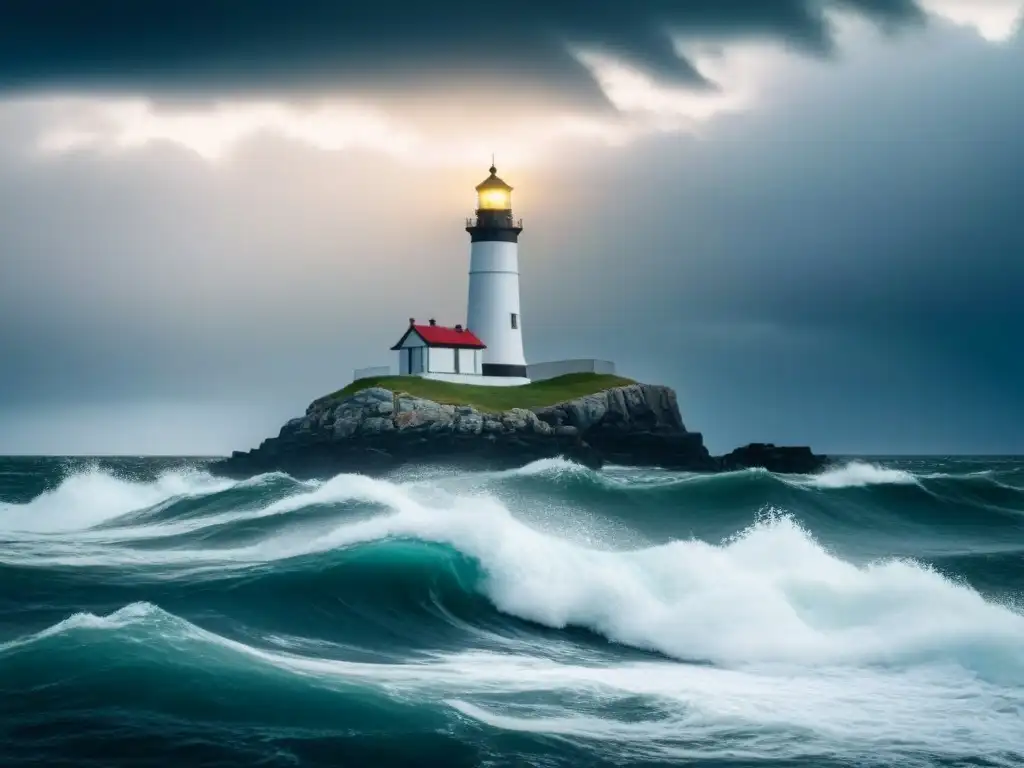 Un faro sereno destaca en un cielo tormentoso, simbolizando estabilidad y guía en medio del caos, estrategias para tormenta en crucero