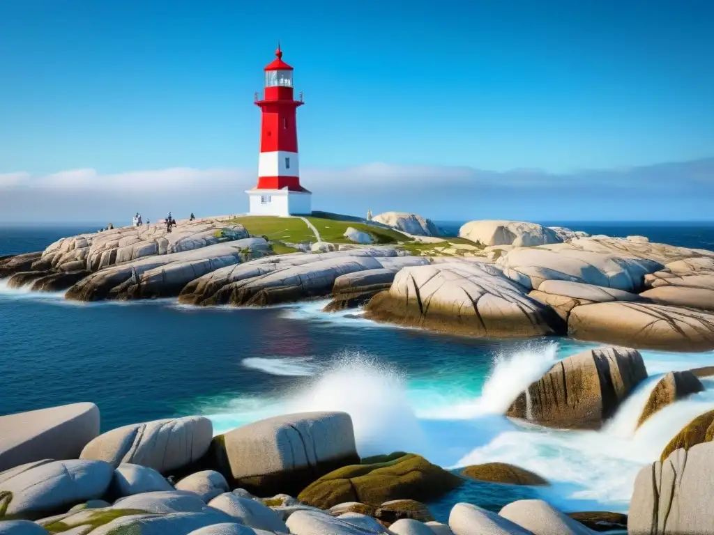 Faros del Patrimonio Marítimo Mundial: Detalle impresionante del icónico faro de Peggy's Cove en Nueva Escocia, Canadá, con gaviotas y cielo azul