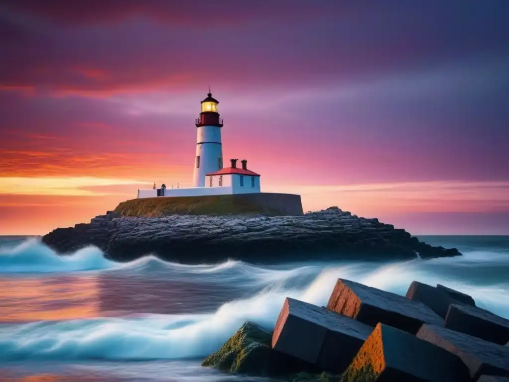 Faros del Patrimonio Marítimo Mundial: Un faro histórico destaca en un atardecer dramático, con colores vibrantes de naranja y rosa en el cielo