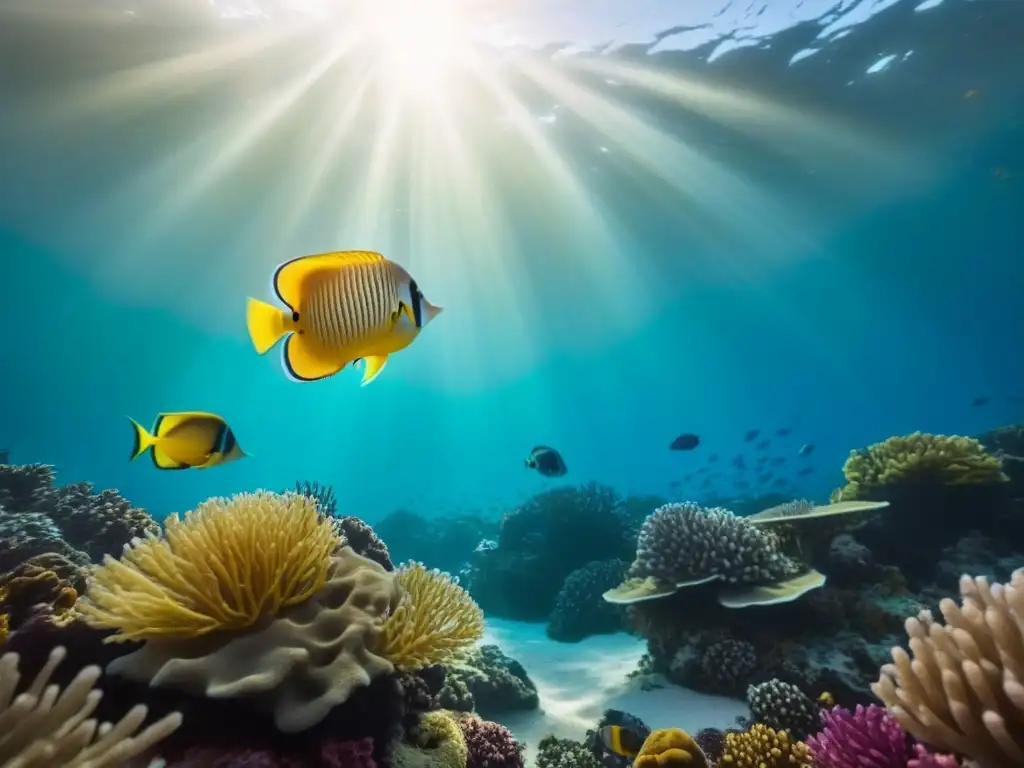 Un fascinante paisaje marino con peces coloridos entre arrecifes de coral, evocando tranquilidad y diversidad