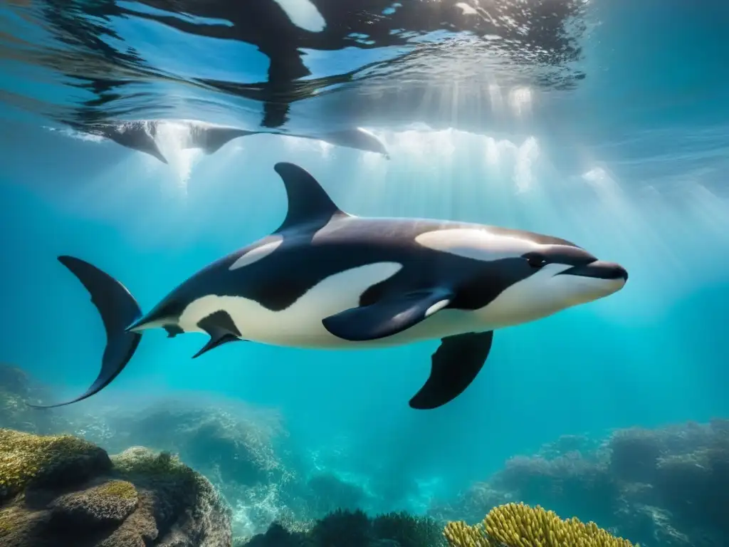 Fotografiando fauna marina hábitat: Majestosas orcas nadando en aguas turquesas, creando un escenario subacuático sereno y etéreo