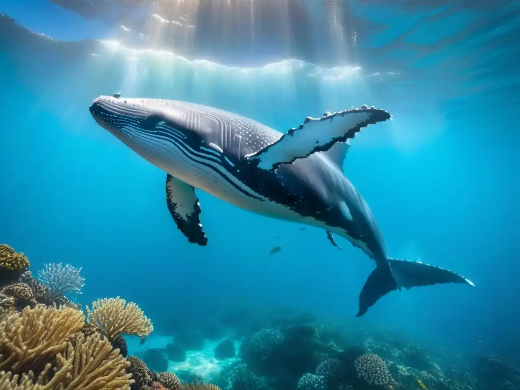 Fotografiando fauna marina hábitat: Majestuosa ballena jorobada surcando aguas turquesa, rodeada de peces plateados y arrecifes de coral vibrantes