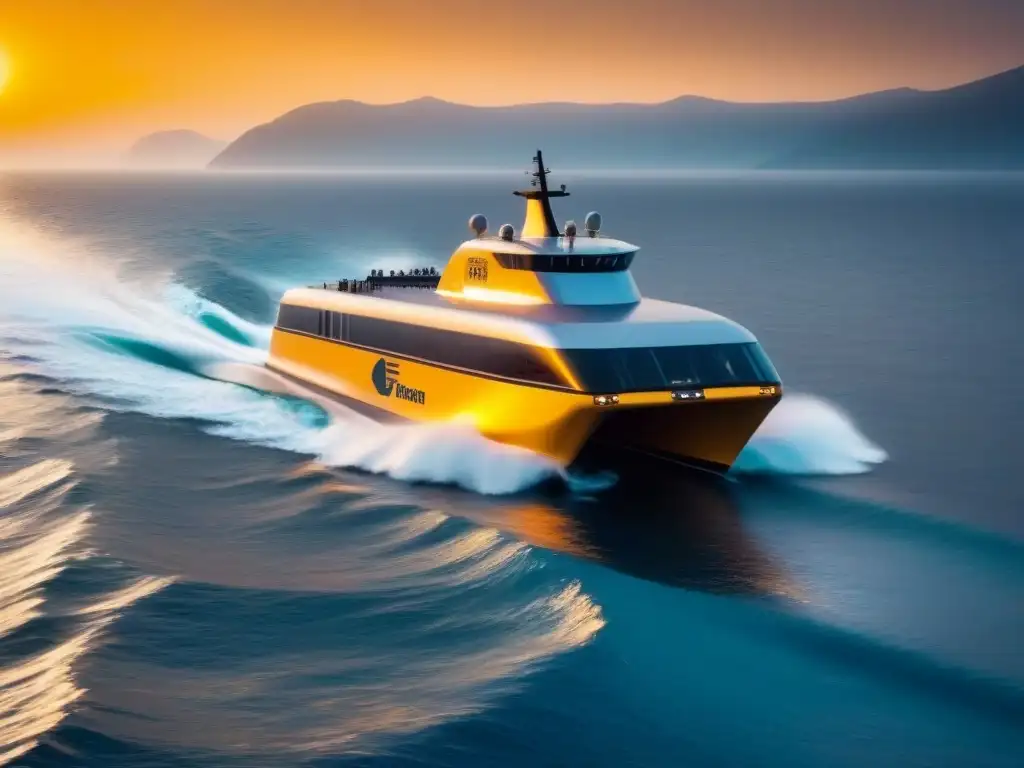 Ferry futurista propulsado por olas en turismo, navegando al atardecer