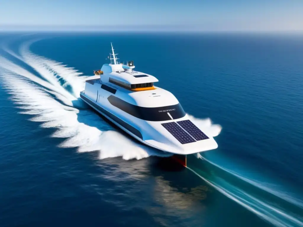 Un ferry futurista propulsado por olas navega con elegancia bajo el cielo azul