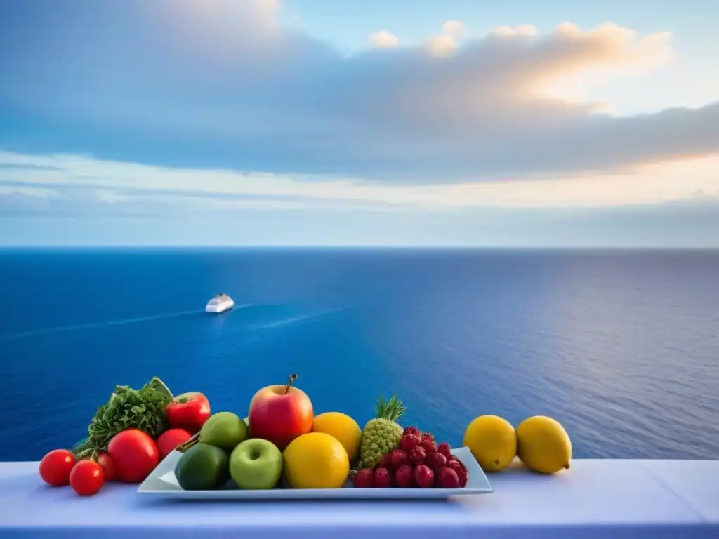 Un festín de frutas y verduras frescas en un entorno marítimo tranquilo, ideal para disfrutar de la experiencia de raw food en cruceros marítimos