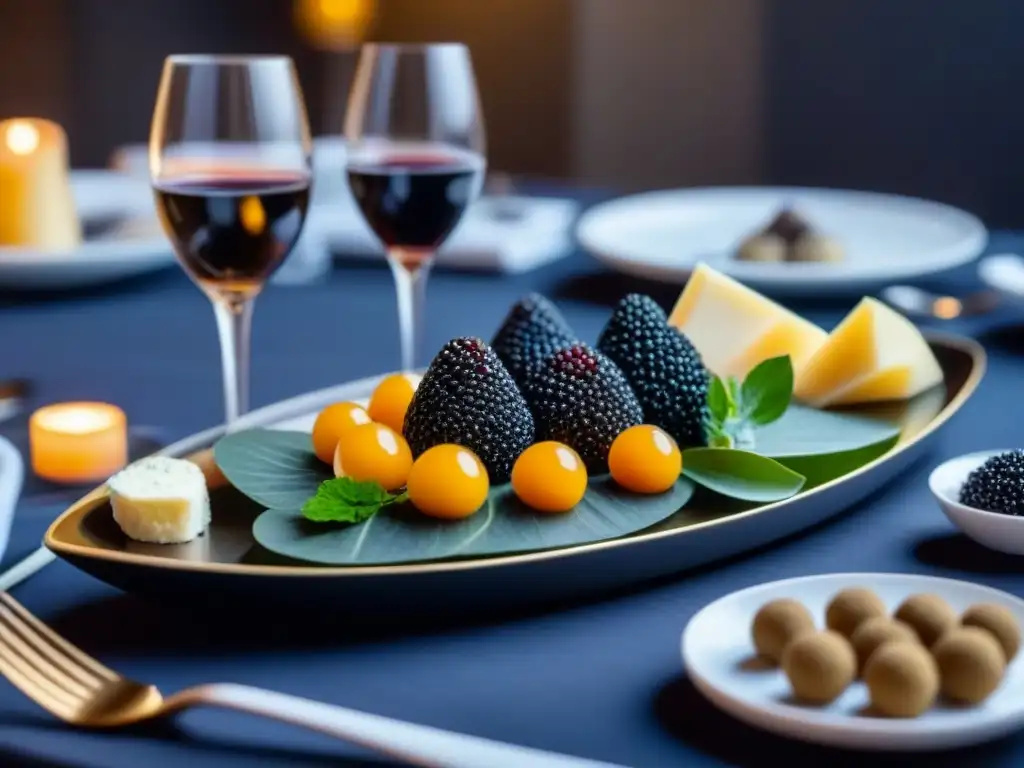 Exquisita degustación gourmet en mesa moderna Un festín gourmet exquisitamente presentado en una mesa moderna, con caviar, trufas y quesos artesanales