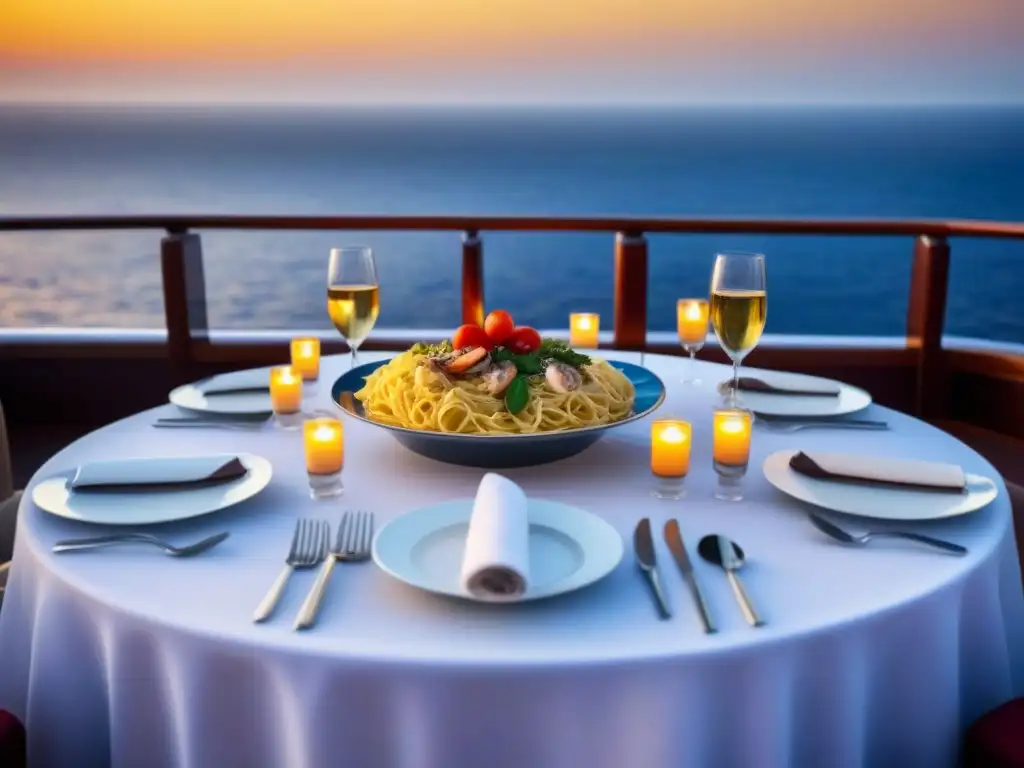 Un festín italiano en un lujoso crucero, con mesa elegante y vista al mar Mediterráneo al atardecer