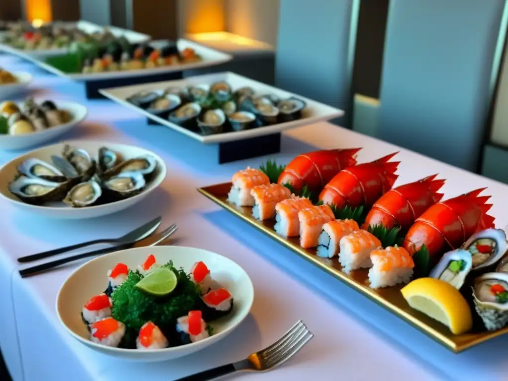 Un festín de mariscos frescos en tu crucero: ostras, langosta, camarones, ceviche y sushi en una mesa elegante y minimalista