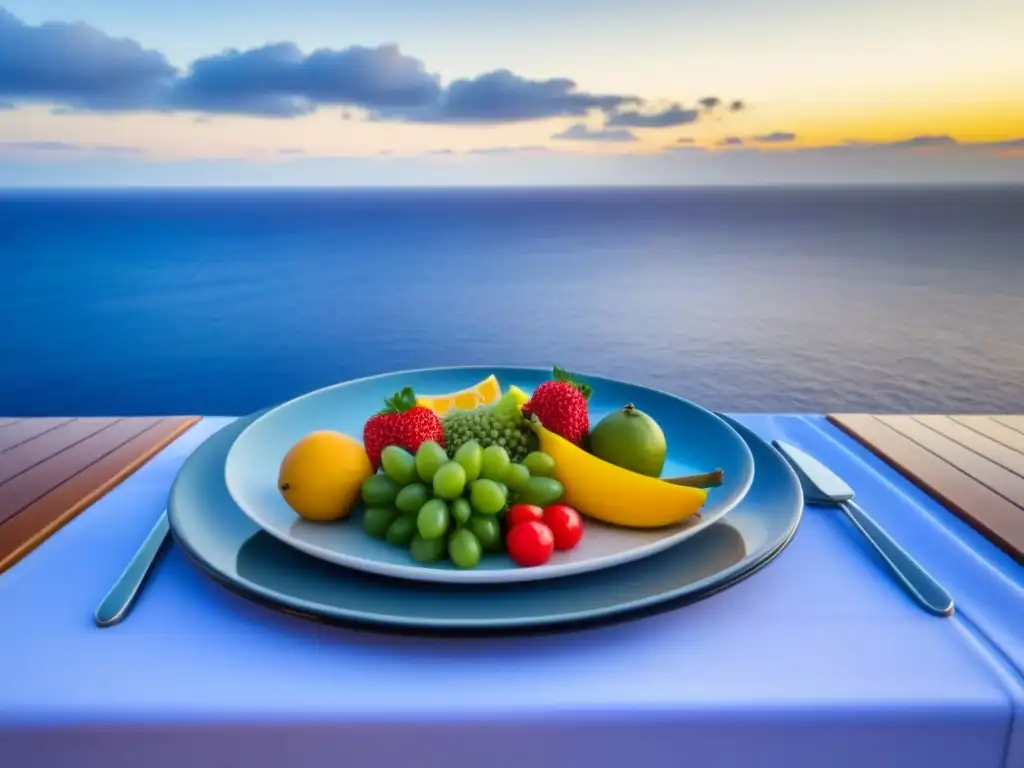 Un festín saludable en alta mar: plato con frutas y verduras frescas en elegante mesa de crucero, con vista al océano