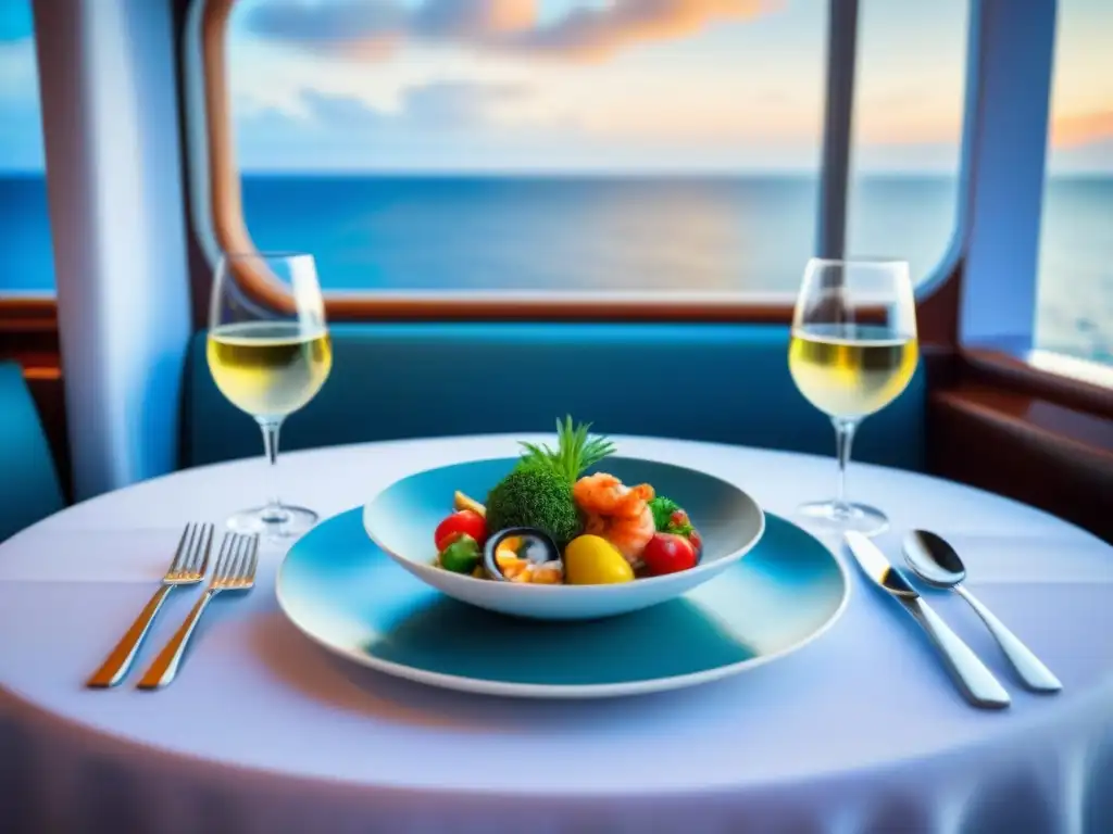 Un festín saludable en un crucero: plato colorido con mariscos y vegetales sobre mesa elegante con vista al mar