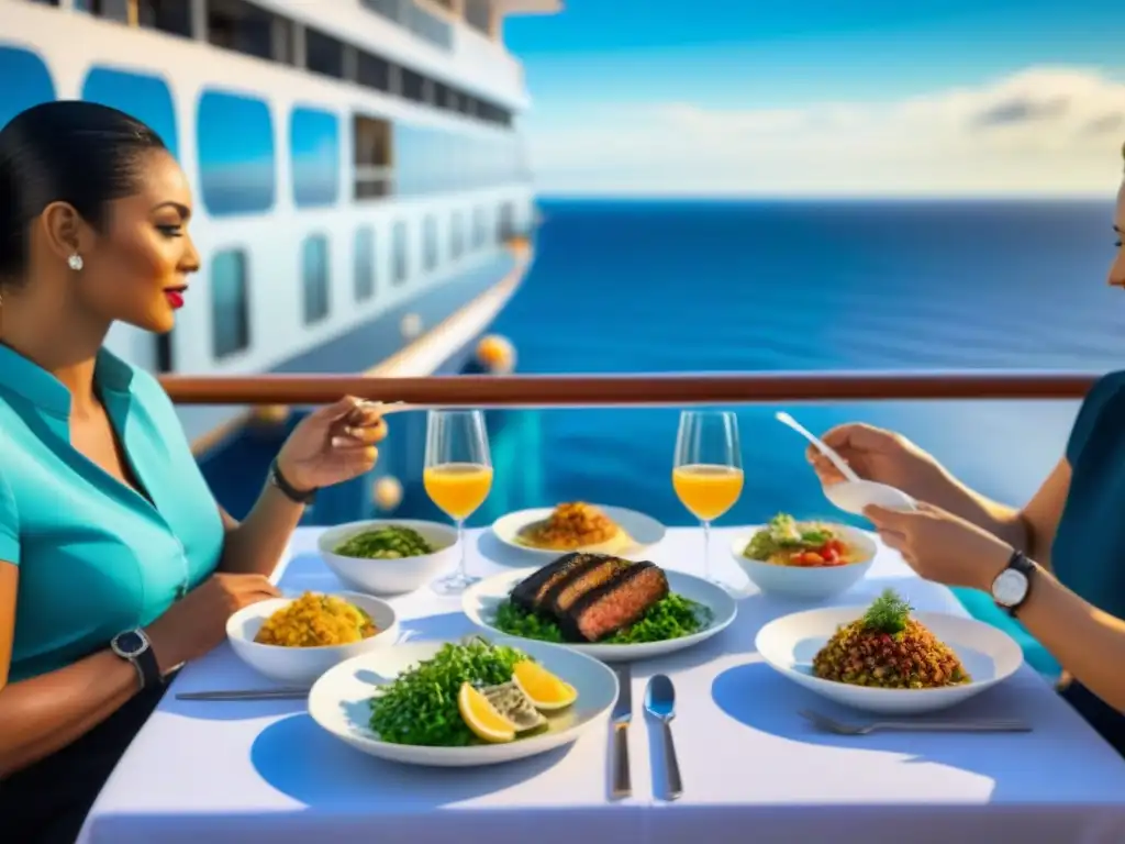 Un festín vegano en crucero marítimo: viajeros disfrutan de una comida en cubierta, con colores vibrantes y el mar de fondo