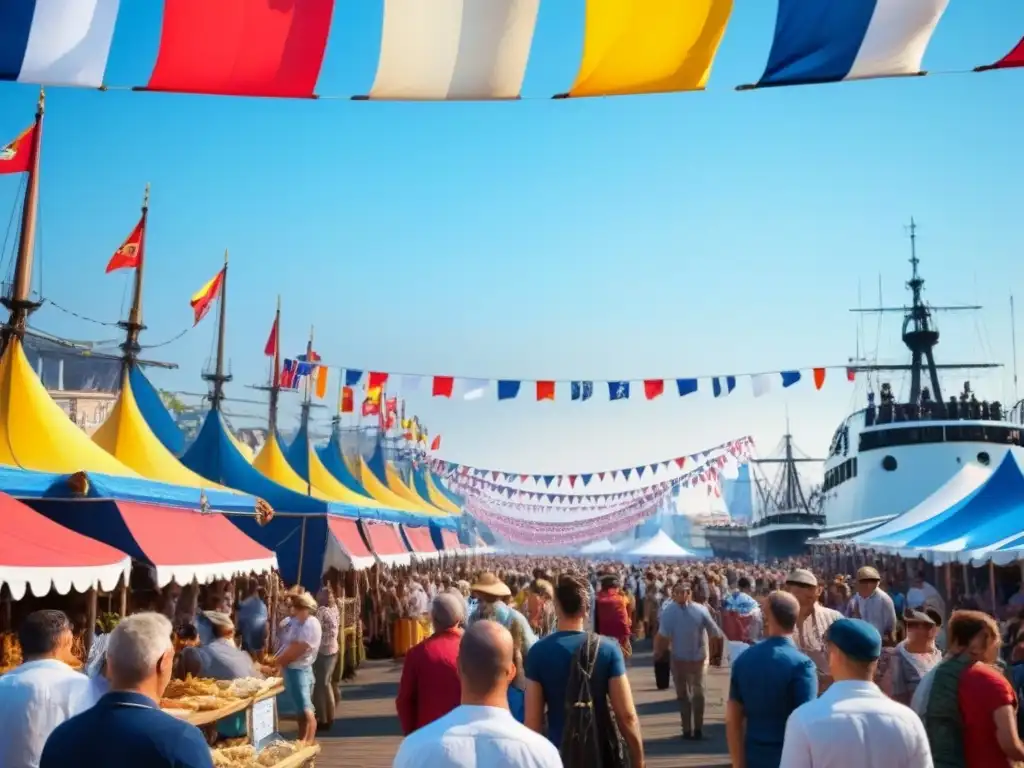 Una festiva celebración marítima con coloridos barcos decorados, multitud disfrutando de fiestas junto al mar