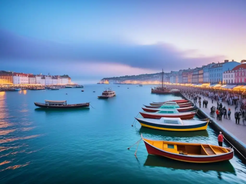 Festival marítimo en ciudad costera: puerto lleno de barcos y gente disfrutando de actividades al atardecer