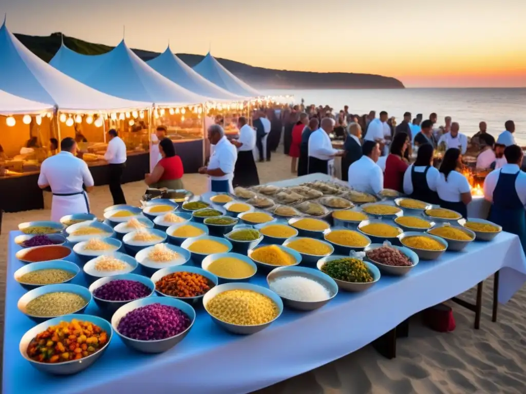 Un festival gastronómico marítimo delicioso con chefs cocinando mariscos frescos a la parrilla al atardecer