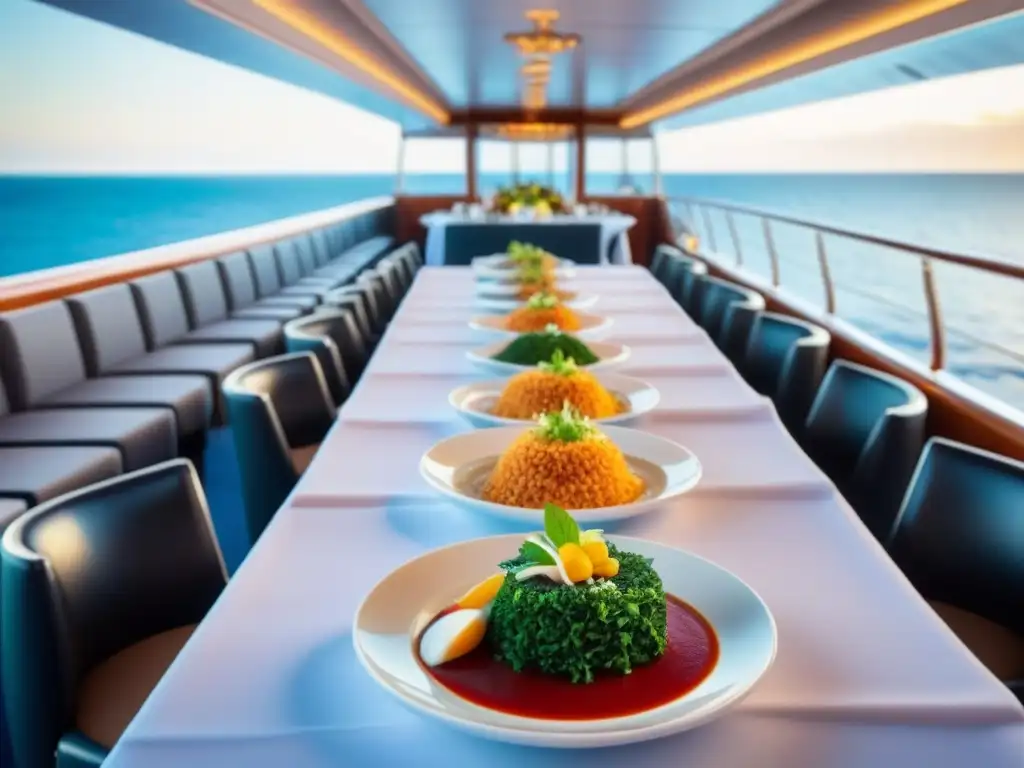 Un festival gastronómico vegano en un lujoso crucero, con exquisitos platillos rodeados de elegante decoración