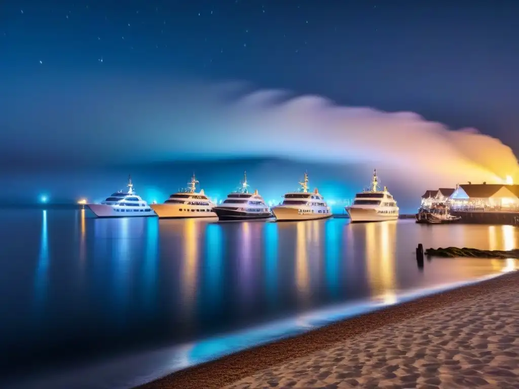 Un festival marítimo nocturno de lujo: barcos iluminados en un mar tranquilo bajo un cielo estrellado y reflejos de colores