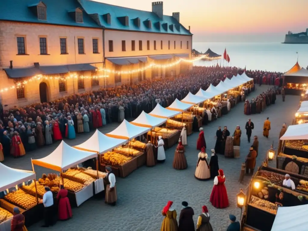 Festival marítimo medieval con barcos altos, vendedores y personas en trajes de época, bajo un cielo vibrante al atardecer