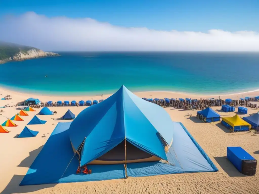 Un festival eco sostenible en la playa: escenario reciclado, tiendas coloridas, mensajes de sostenibilidad y actividades diversas con el mar de fondo