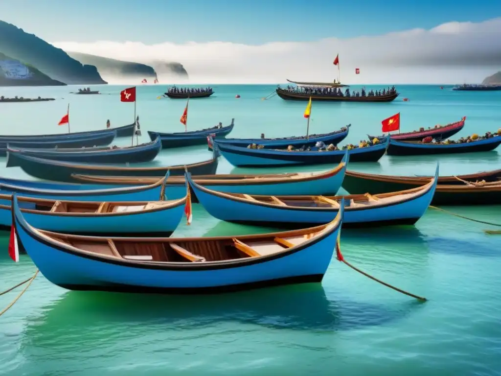 Festivales costeros turismo marítimo: Escena vibrante de festival costero con barcos tradicionales, bailes y artesanías bajo cielo azul