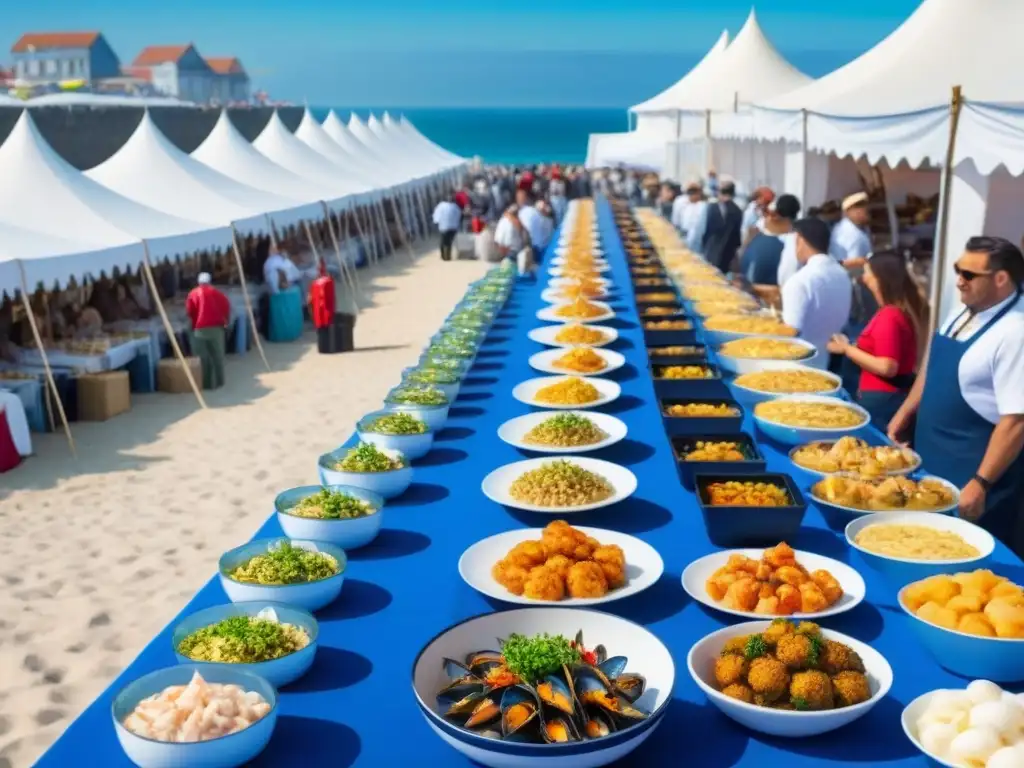 Festivales costeros turismo marítimo: Puestos de comida en un bullicioso festival junto al mar, gente disfrutando bajo un cielo azul