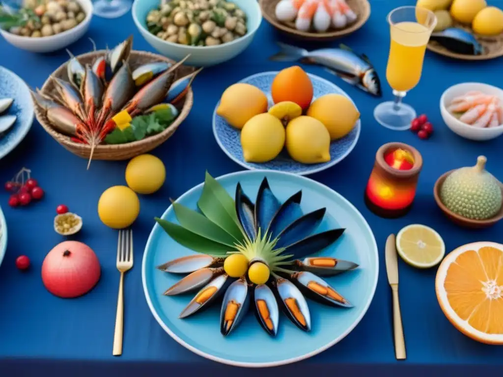 Una festividad costera con mariscos frescos y frutas tropicales en una mesa azul brillante al atardecer