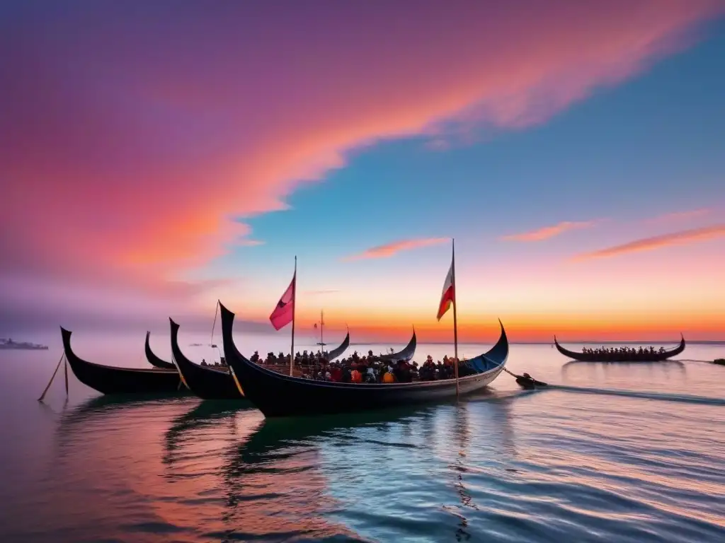 Un festivo marítimo de ceremonias ancestrales al atardecer, barcos antiguos con banderas coloridas en un cielo naranja y rosa sobre aguas serenas