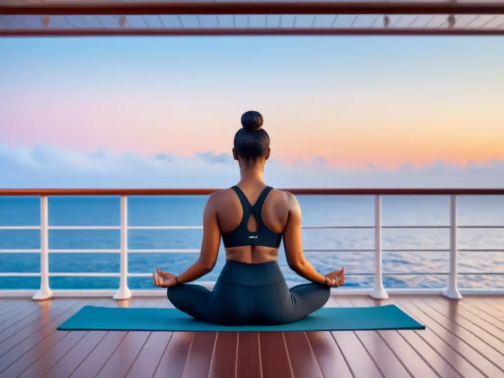 Una figura solitaria practica yoga al amanecer en un crucero, rodeada de paz en el mar