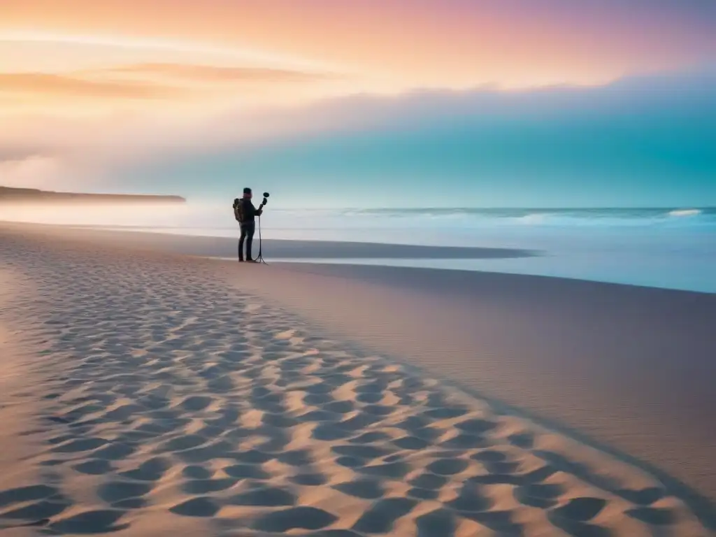 Figura solitaria con micrófono capturando el sonido del mar al atardecer en la playa