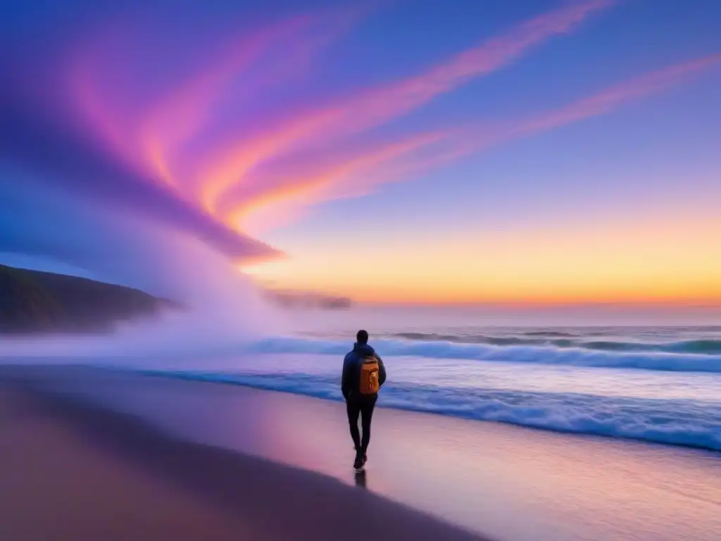 Figura solitaria caminando en la playa al atardecer, con tonos pastel en el cielo y olas suaves