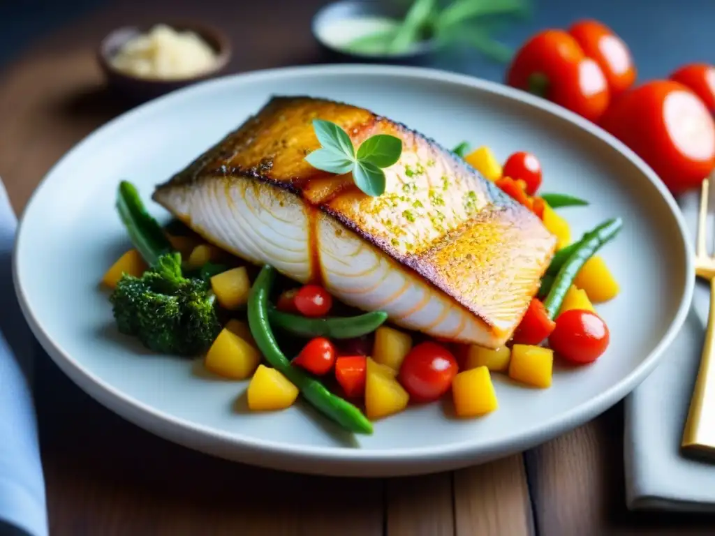 Un fillete de pescado recién capturado y vegetales vibrantes, resaltando frescura y calidad culinaria en alta mar