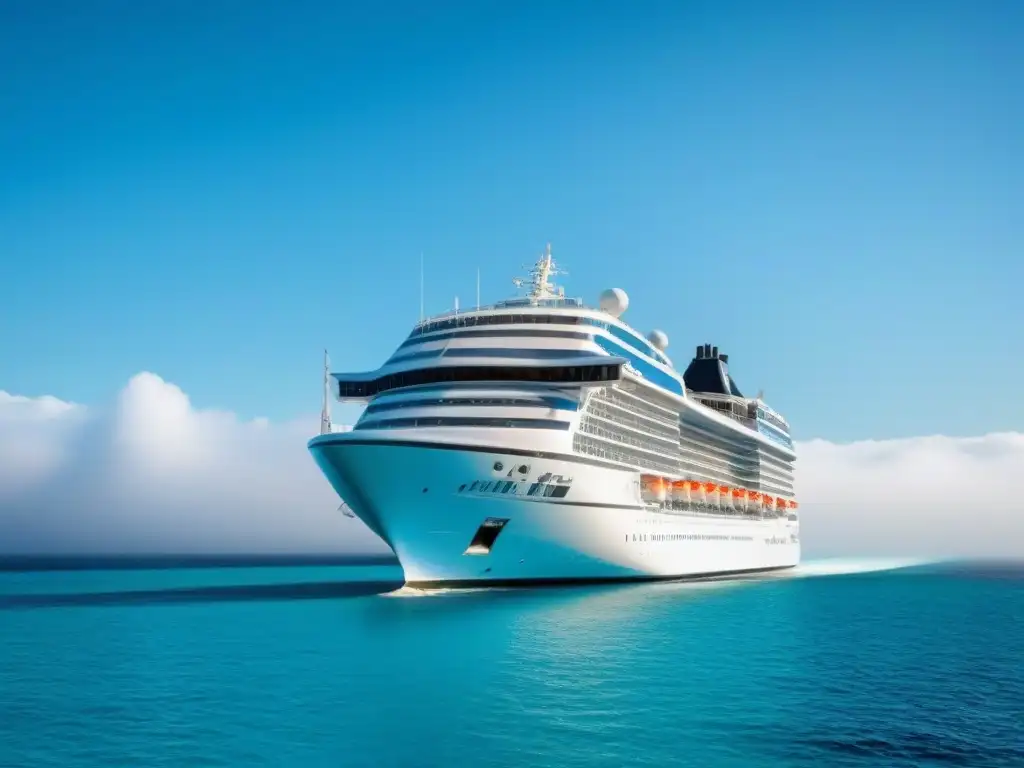 Crucero de lujo navegando en aguas turquesas Financiación colectiva para cruceros: Viaje de lujo en un moderno y elegante crucero blanco navegando en aguas turquesas