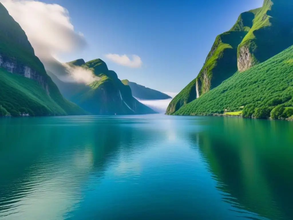 Un fiordo cristalino rodeado de acantilados verdes, reflejando un cielo azul vibrante
