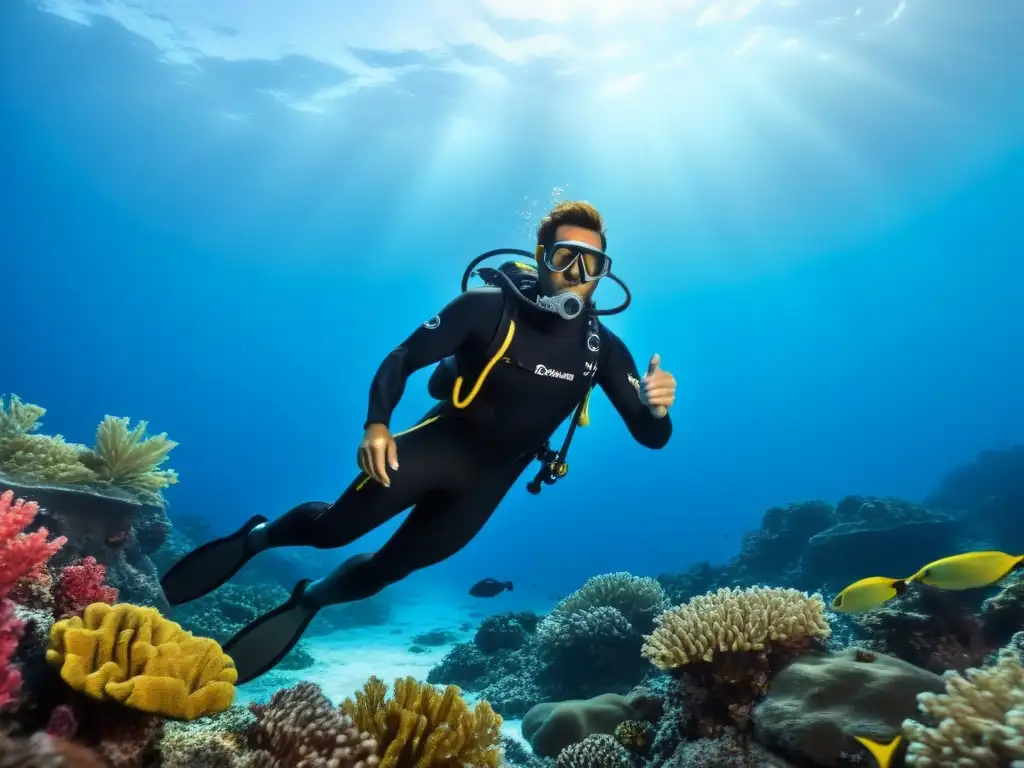 Preparación física para buceo: Buzo en traje negro descendiendo en el oceáno azul rodeado de coral y vida marina