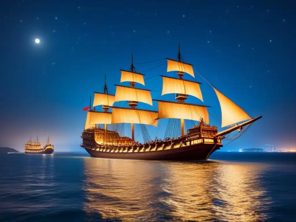 Flota del Almirante Zheng He navegando bajo el cielo estrellado en una escena poderosa y serena