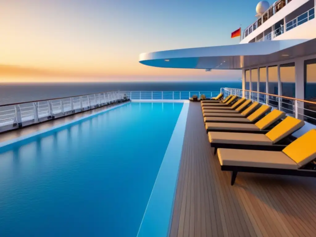 Formas de pago en cruceros: Atardecer tranquilo en cubierta de crucero moderno, sombras alargadas en zona de piscina desierta