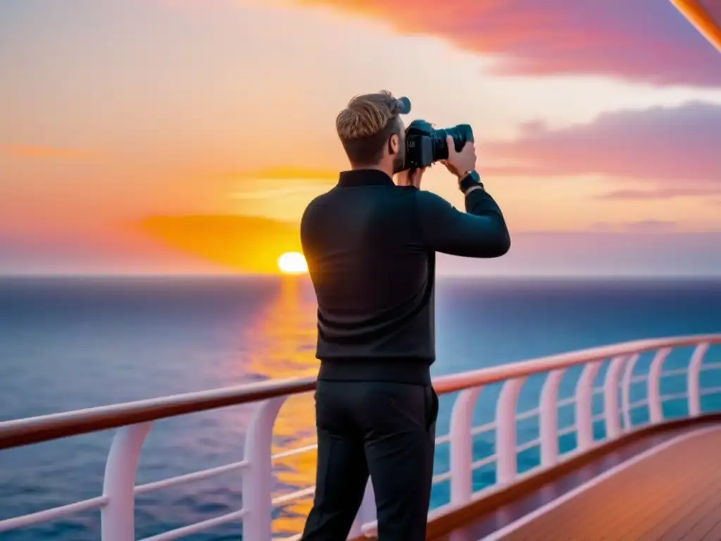 Fotógrafo capturando un amanecer en crucero de lujo, en un mar de colores