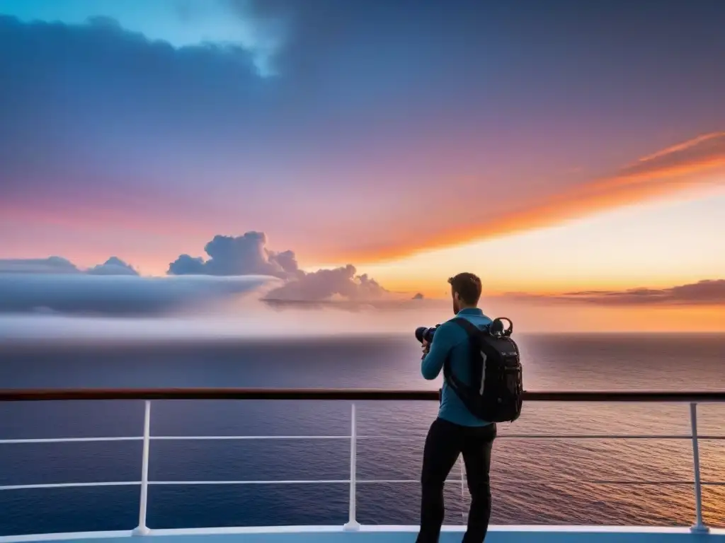 Fotógrafo profesional capturando atardecer desde crucero de lujo Fotógrafo en crucero de lujo capturando atardecer sobre el mar