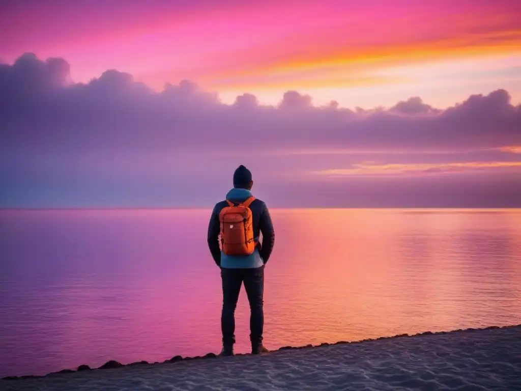 Un fotógrafo profesional capturando un atardecer impresionante sobre el mar