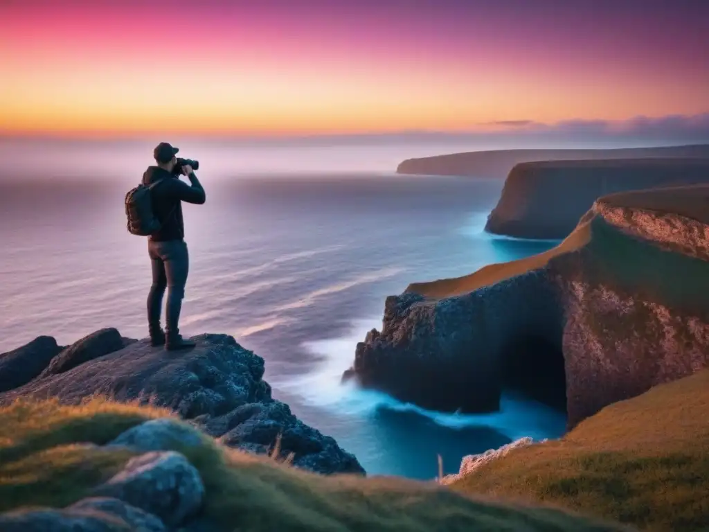 Fotógrafo profesional capturando un atardecer marino desde un acantilado rocoso al atardecer