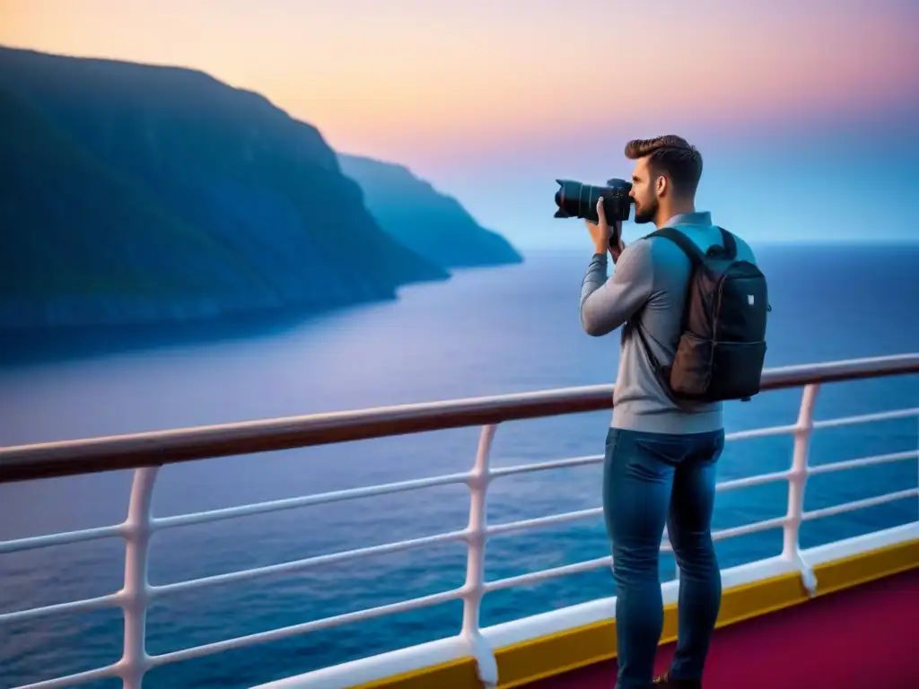 Un fotógrafo profesional capturando la belleza de un atardecer en crucero